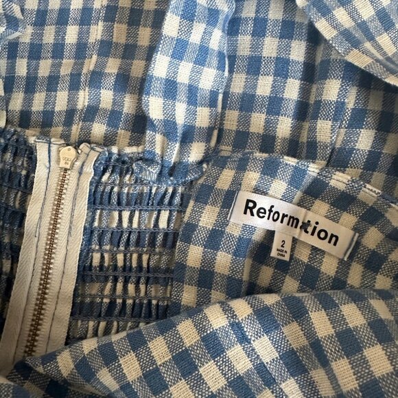 NEW Reformation Brigitte Linen Dress Blue and White Gingham Azure Check | size 2 - Picture 9 of 12